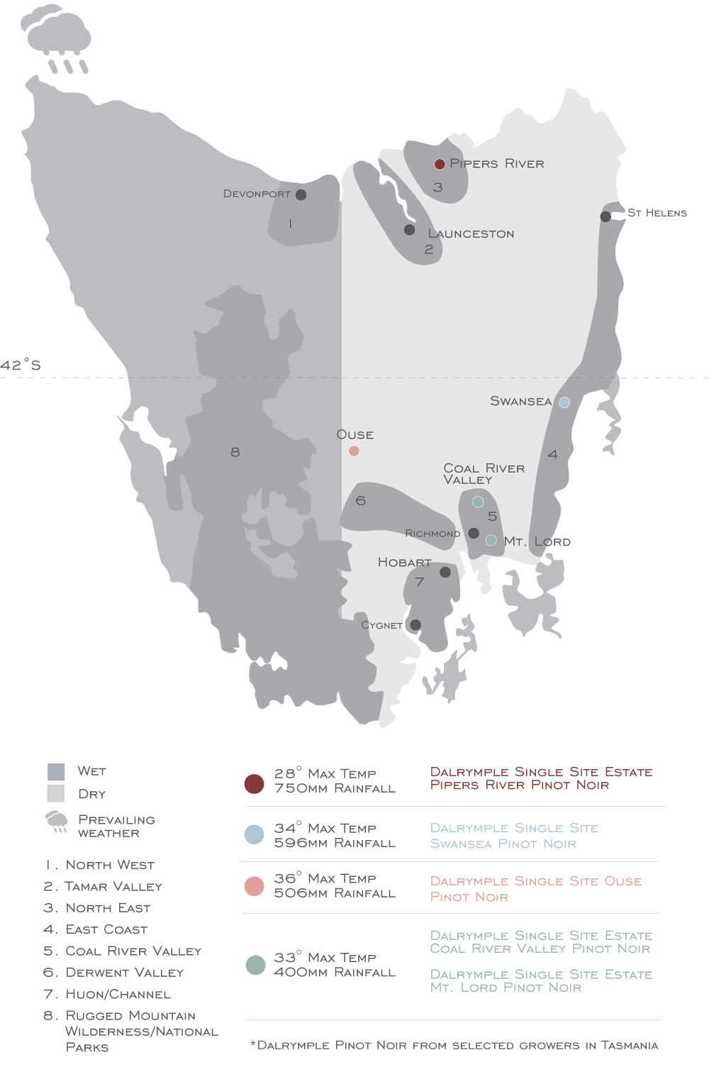 a map of Tasmania showing our vineyards, and information on the islands key meterological features